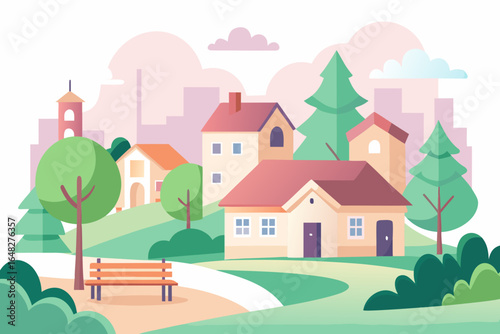 Charming village scene with houses, trees, and a park bench evokes peaceful suburban living and community connection, perfect for lifestyle and real estate themes