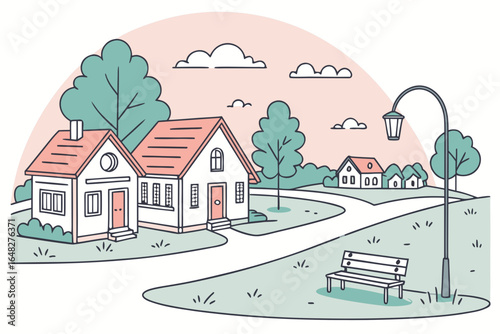 Charming village scene unfolds with cozy houses, lush trees, and a serene park bench under a lamp, inviting peaceful contemplation and idyllic living.