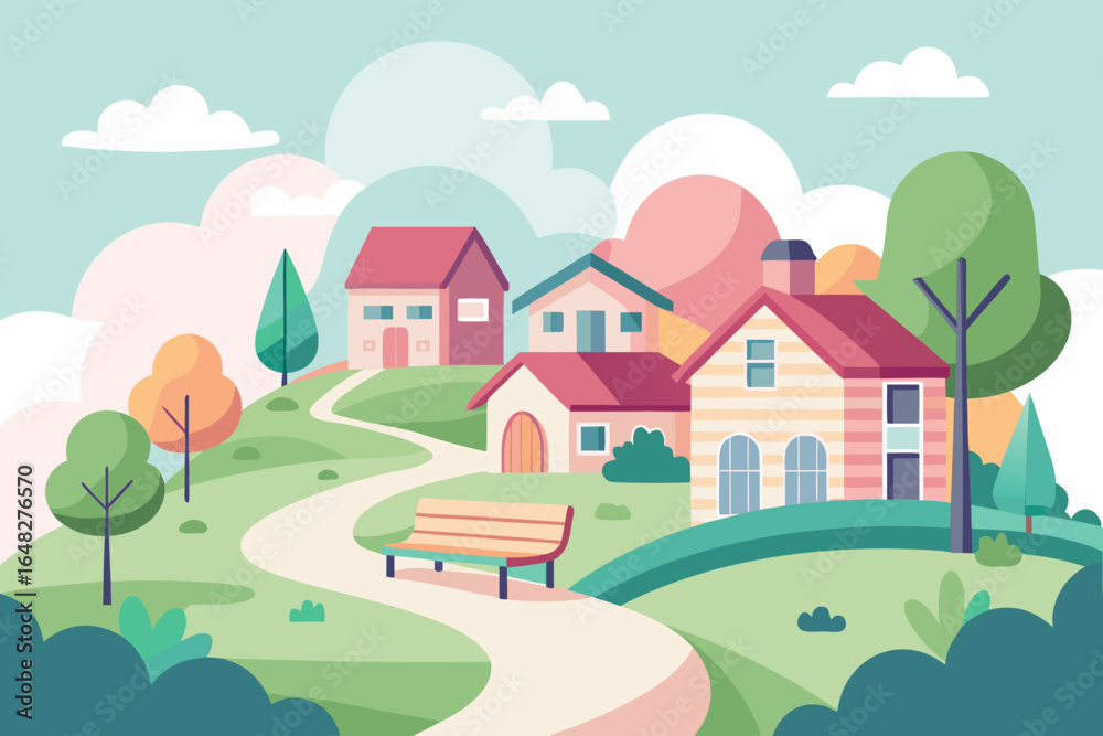 Naklejka premium Charming village scene unfolds with colorful houses nestled on rolling hillsides under a soft sky, inviting peaceful contemplation and serene living.