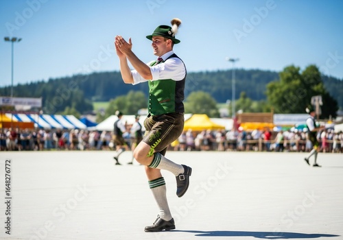 Oktoberfest Man in traditional Bavarian attire performing a dance with outstretched hands in a festival