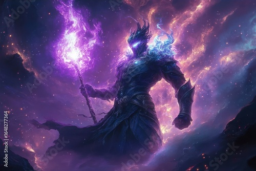 Dark armored figure with glowing purple eyes and fiery aura holding a staff emitting bright magical energy in a cosmic nebula background