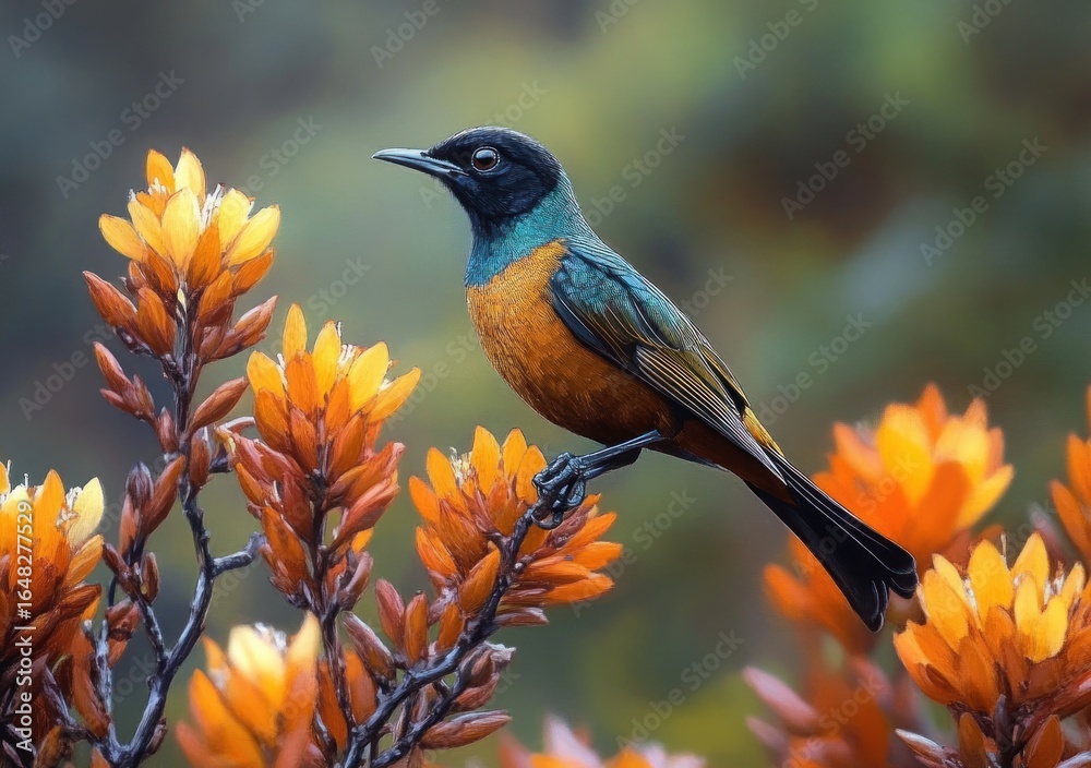 Naklejka premium Colorful bird perched on a branch surrounded by vibrant orange flowers with a soft blurred natural background