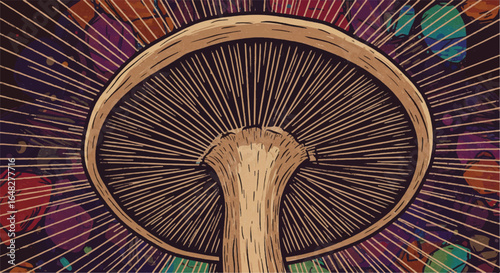 Detailed mushroom, sunburst backdrop