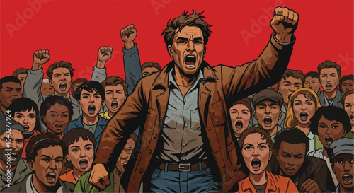 Diverse crowd with raised fists and open mouths, led by a man in a brown jacket, against a red backdrop