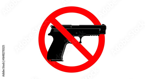 No guns prohibition sign with a black handgun silhouette in a red circle. Vector graphic illustrating a firearm ban and a weapon-free zone.