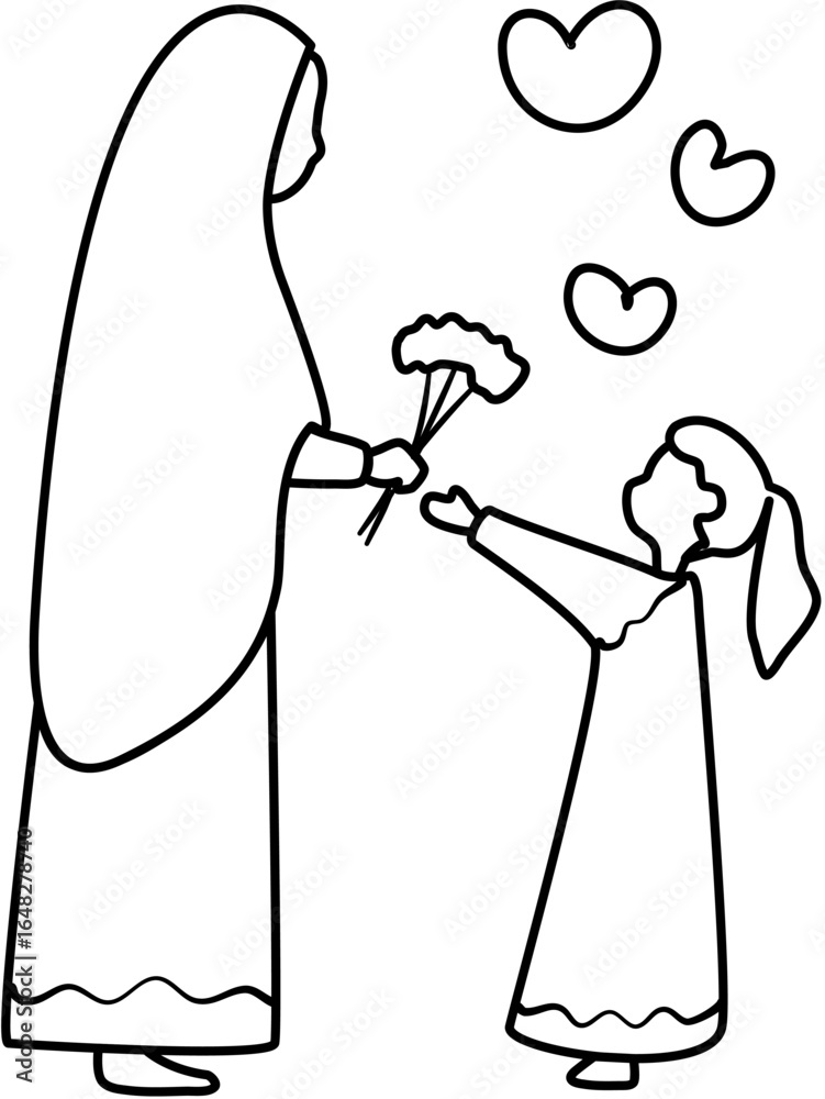 Obraz premium Mother and Kid Coloring Book Vector Illustration in Black and White Line Art Style 