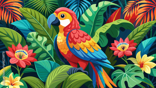 A beautiful macaw parrot perched amidst lush, vibrant tropical leaves and exotic flowers. The colorful illustration evokes a sense of wildlife, nature, and tropical paradise.