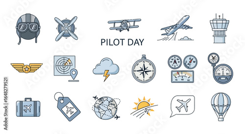 National Aviation Day Icons Set of Pilot Day Aviation Icon Set Colorful Vector Illustrations for Air Travel and Flight. Vector Illustrations. EPS Editable