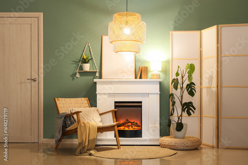 Fireplace with armchair, gl...