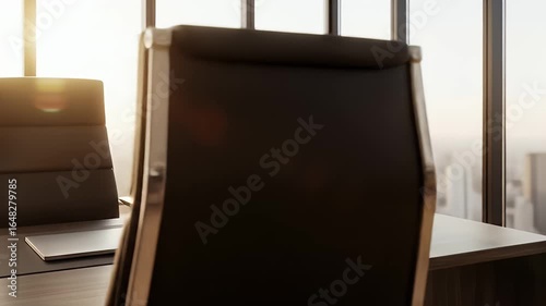Smooth tracking shot of a luxurious modern executive office with a panoramic city view through large windows at sunrise or sunset