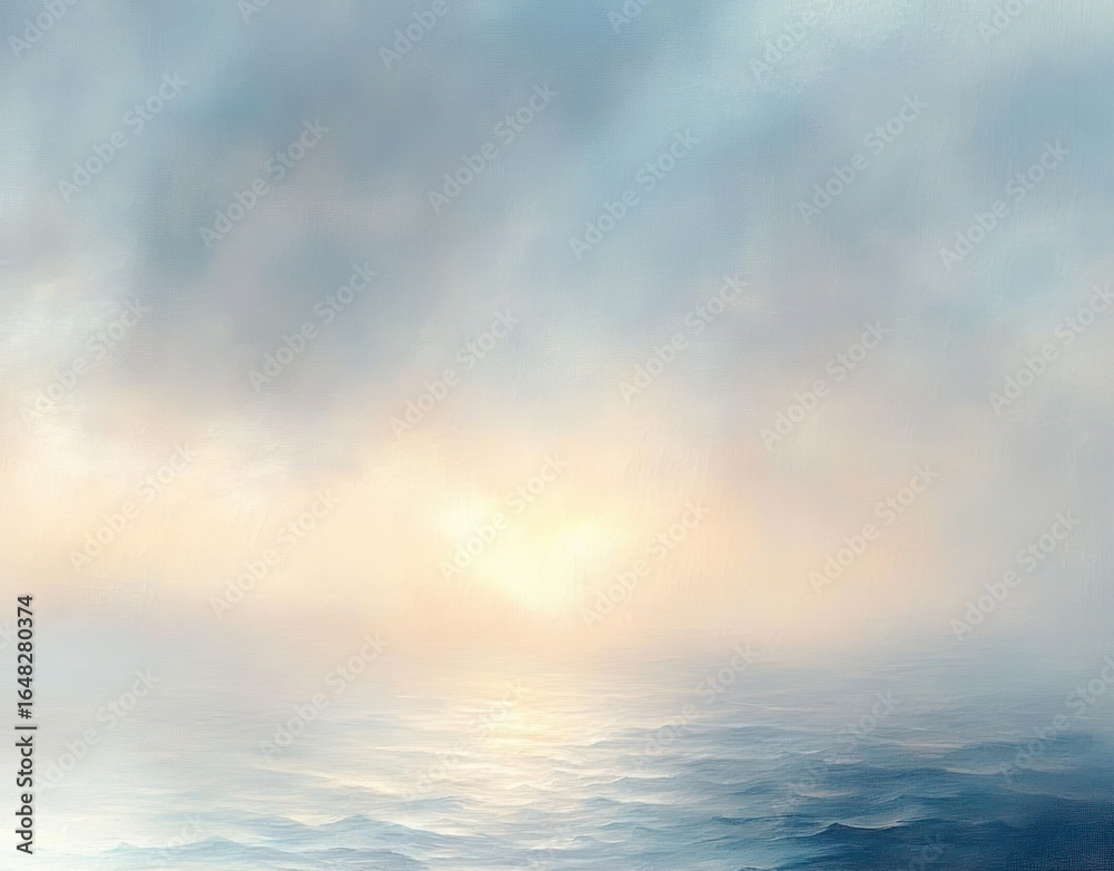 Fototapeta premium A calm sea under a misty sky with soft sunlight breaking through clouds at the horizon creating a peaceful and serene atmosphere