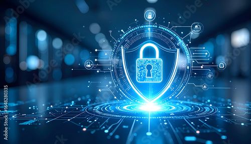 Digital Lock Shield Icon Representing Cybersecurity Protection in a High-Tech Environment with Blue Glowing Elements