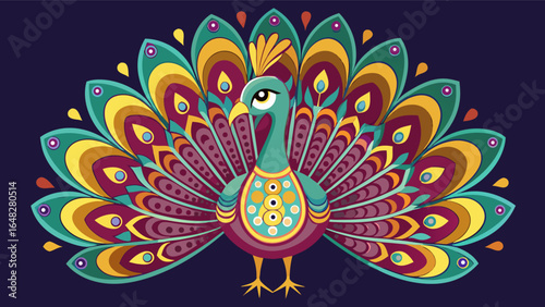 A colorful peacock displaying its magnificent tail feathers in a stylized, decorative pattern. The illustration represents beauty, India, and royalty.