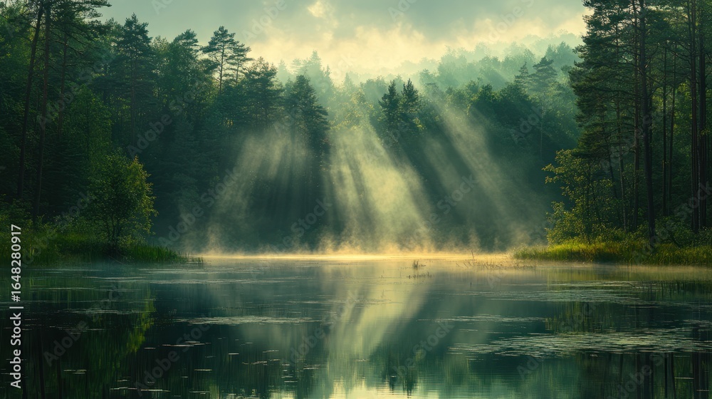 Obraz premium Sunrise mist over tranquil forest lake