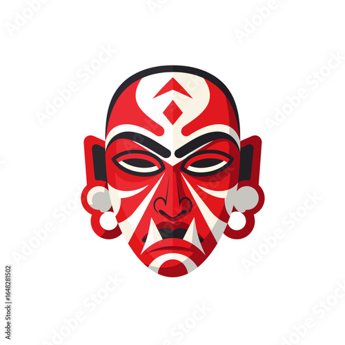 Vector illustration of a fierce red tribal mask with traditional ethnic patterns and an angry expression isolated on a white background.