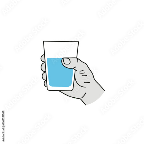 A simple line art illustration of a hand holding a glass of blue water.