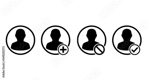 A vector icon set for user profile management, featuring add, block, and verified account symbols for web and mobile applications.