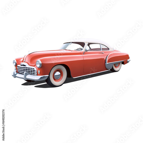 An elegant red and white classic American coupe isolated on a plain white background.