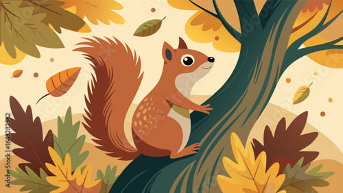 A fluffy squirrel perched on a tree branch, surrounded by falling autumn leaves. This illustration is perfect for seasonal themes, nature, and wildlife.