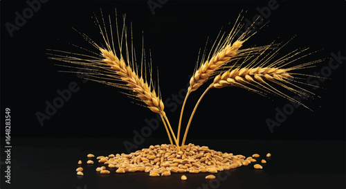 Golden wheat stalks and grains on a black background