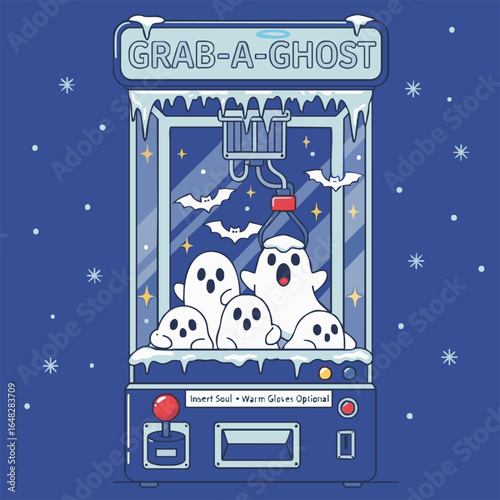 A cartoon claw machine filled with ghosts, covered in frost and snow, for a winter Halloween theme.