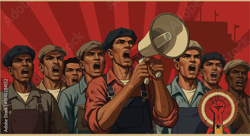 Group of workers protesting with megaphone