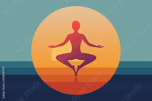 Serene yogi meditating at sunset, achieving inner peace and balance in a tranquil landscape