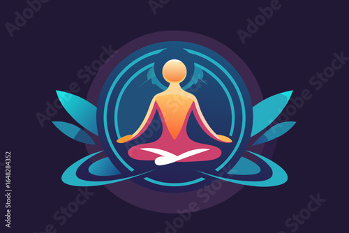 Serene human meditating in peaceful lotus pose surrounded by calming abstract spiritual energy