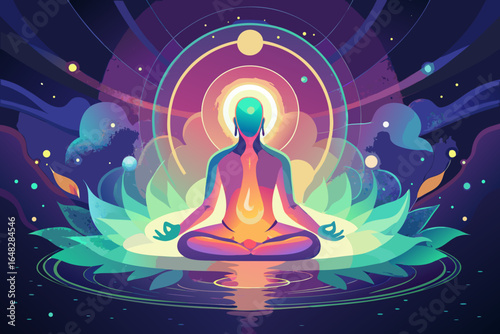 Radiant soul achieving inner peace through vibrant meditation, symbolizing enlightenment and spiritual growth.