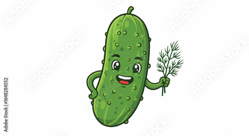 Happy cucumber cartoon holds dill