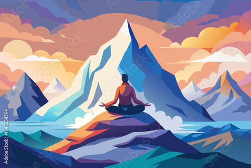 Serene person meditating atop a mountain peak amidst a vibrant, colorful sky and majestic landscape.