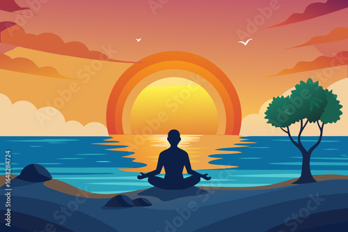 Serene silhouette meditates by tranquil ocean waters during vibrant sunset, finding inner peace