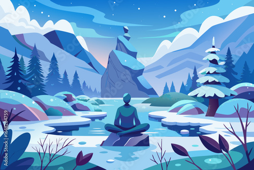 Serene figure meditates by frozen lake amidst snowy mountains and pine trees