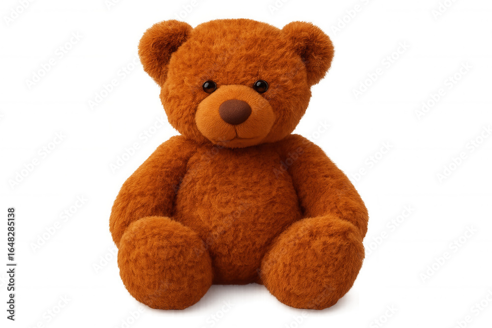 Fototapeta premium Soft brown teddy bear resting against white backdrop, conveying childhood comfort and playful innocence for graphic design needs