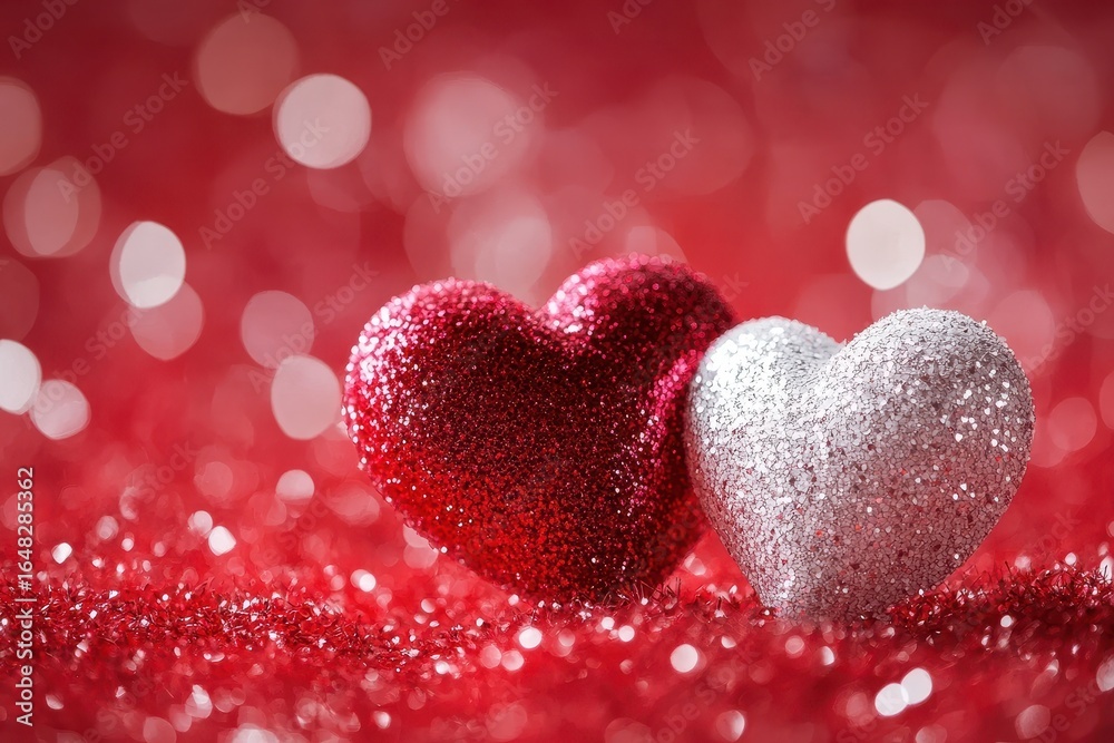 Two glittery hearts, red and silver, lay on a matching sparkling surface. It's perfect for Valentine's Day cards, or romantic greeting materials. Two glittery hearts, red and silver, lay on a matching sparkling surface. It's perfect for Valentine's Day cards, or romantic greeting materials.