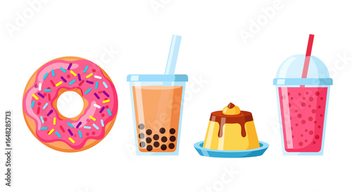 Set of popular sweet desserts and drinks. A colorful collection featuring a donut, bubble tea, caramel pudding, and a fruit smoothie in a flat vector style.
