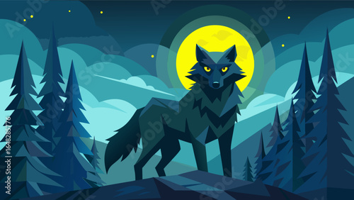 A stylized wolf with glowing eyes, standing on a rock under a full moon in a dark forest. The illustration captures a mysterious and wild nighttime scene.