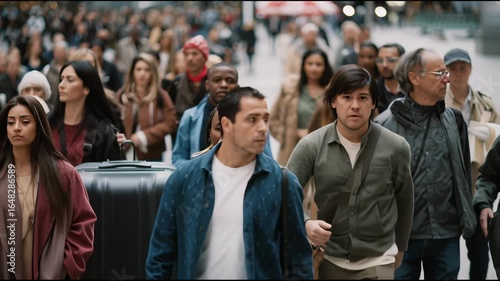A large, diverse group of people walk towards the camera in an urban setting.