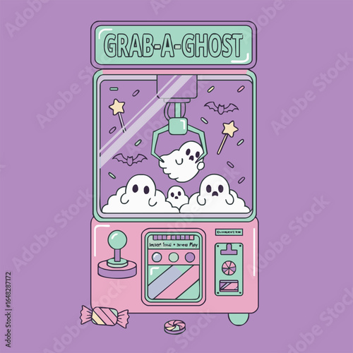 Pastel-colored claw machine filled with cute ghosts, ready to be grabbed.