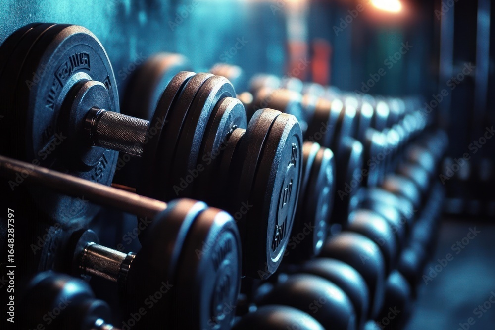 Close-up view of neatly arranged black dumbbells on a rack in a dimly lit gym environment Close-up view of neatly arranged black dumbbells on a rack in a dimly lit gym environment