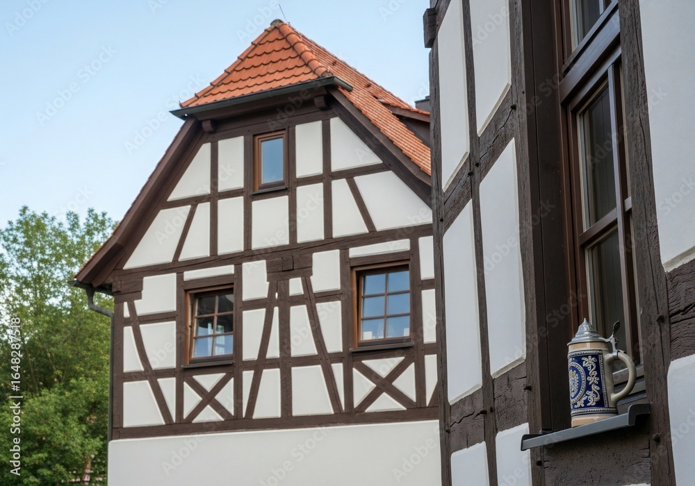 Obraz premium Oktoberfest Traditional timber framed building with red tiled roof and decorative ceramic stein on windowsill