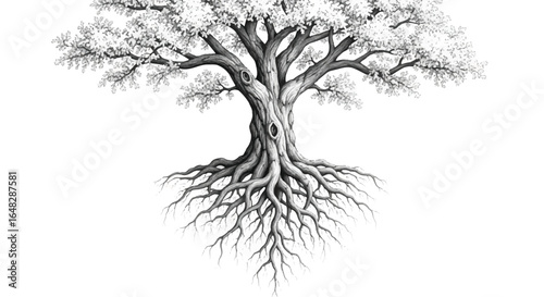 Monochrome illustration of a tree with visible roots and canopy