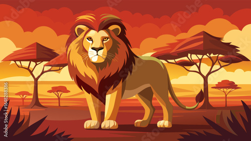 A proud lion with a magnificent mane stands in a stylized African savanna with acacia trees and a fiery orange sunset. This illustration represents royalty, power, and wildlife.