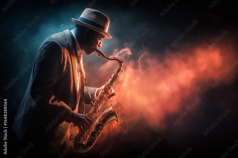 Naklejka premium A jazz musician in a suit and fedora plays a saxophone, lost in the music. The contrasting warm and cool lighting and smoky atmosphere evoke a classic, moody club scene.