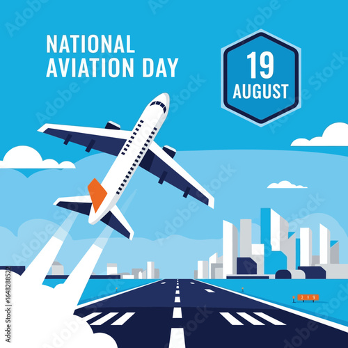Dynamic Jetliner Takeoff Over City Runway for National Aviation Day Celebration. EPS Editable