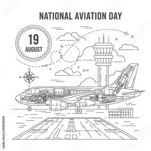 Intricate Airplane Blueprint Illustration for National Aviation Day August 19. EPS Editable