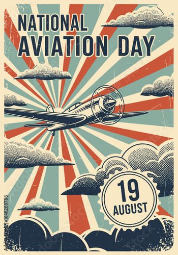 Retro National Aviation Day Poster Vintage Plane Soars on a Distressed Sunburst Sky. EPS Editable