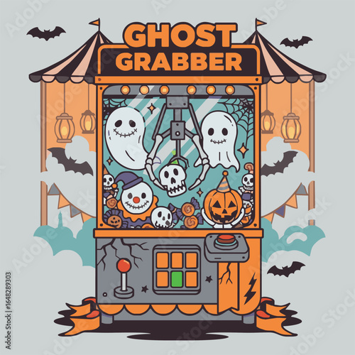 A whimsical Halloween-themed claw machine filled with spooky characters like ghosts, a pumpkin, and a clown, set against a festive carnival backdrop with bats and lanterns.