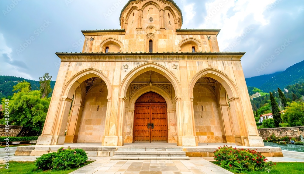 Obraz premium Exterior view of a light beige stone church with arched entrances