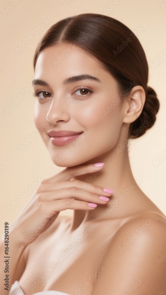 Hispanic woman with elegant updo and clear skin, clean beauty portrait Hispanic woman with elegant updo and clear skin, clean beauty portrait